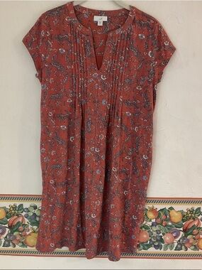 J.Jill Paisley Pintuck Pleated Shift Dress, Size S Petite, Rust/Blue